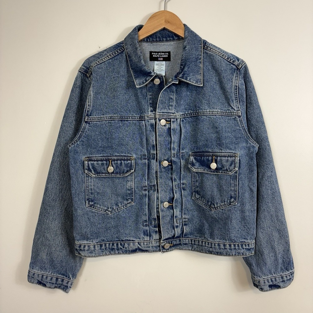 Vtg Ralph Lauren Polo Jeans Co Denim Jacket American Flag Patch Womens Sz L USA - Picture 2 of 14